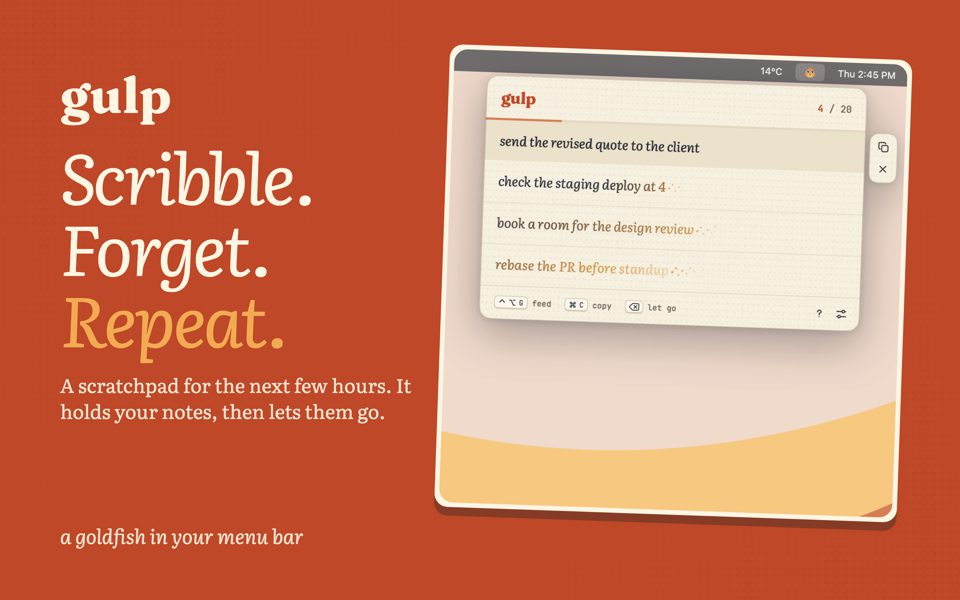 Scribble. Forget. Repeat. The bowl hanging from the goldfish in the menu bar.