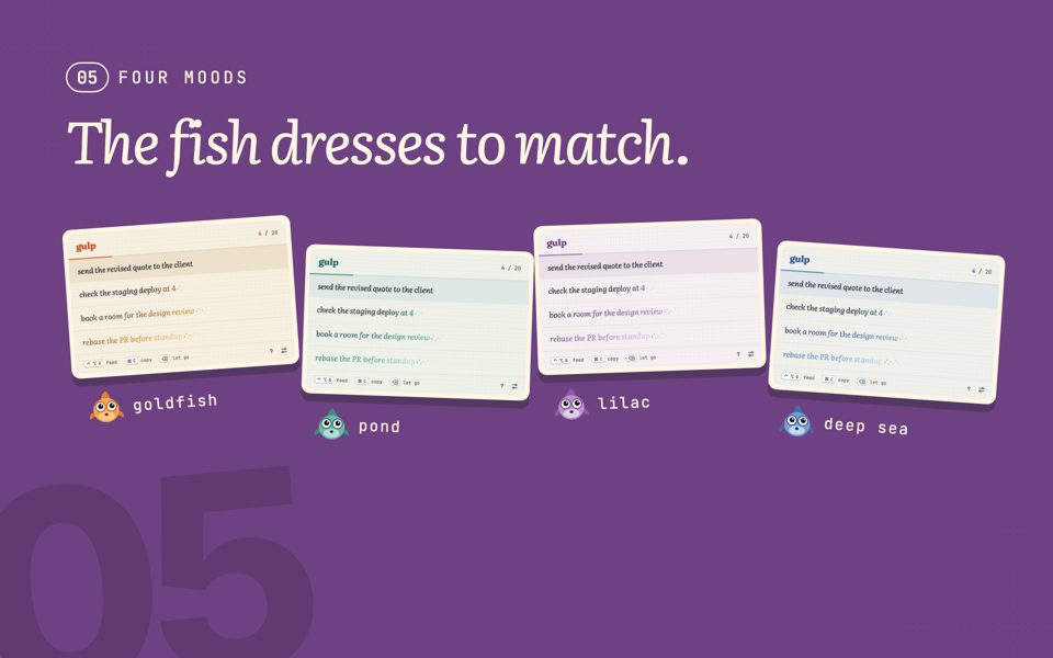 The four themes: goldfish, pond, lilac and deep sea.